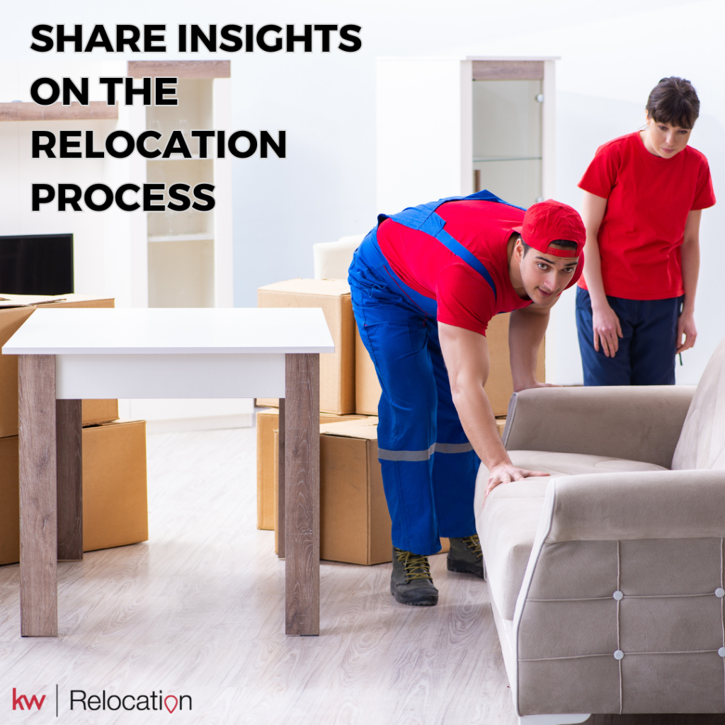 Woman in red shirt supervising man in blue overalls and red cap moving her furniture as she is mastering the corporate relocation process.